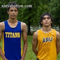 Two young athletes wearing sleeveless sports tops stand on a grassy field. The athlete on the left is wearing a blue top with the word 'TITANS' while the one on the right wears a yellow top with 'ASIJ'. The background features green trees and a white fence, with a bench visible on the right.